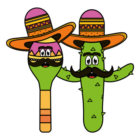 mexican cactus and maraca emoji characters vector illustration designのイラスト素材
