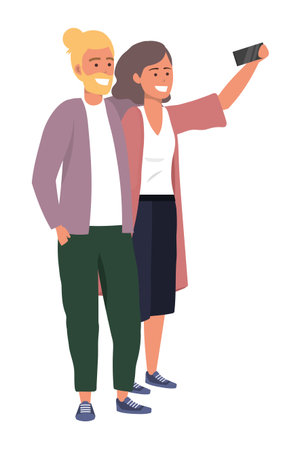 Millennial couple smartphone taking selfie happy smiling date social media sweater vector illustration graphic designのイラスト素材