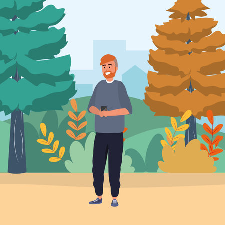 Millennial smiling using smartphone browsing apps texting redhead beard nature trail trees bushes background vector illustration graphic designのイラスト素材