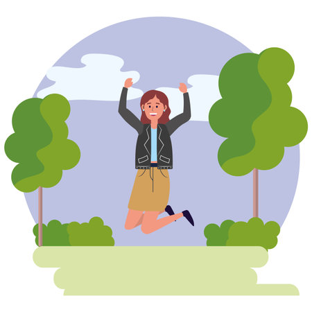 young happy woman at nature park jumping cartoon vector illustration graphic designのイラスト素材