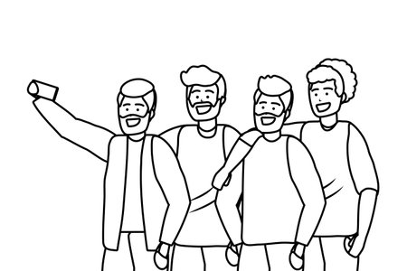 Millennial diverse group taking selfie smiling happy together wearing sweaters portrait black and white vector illustration graphic designのイラスト素材