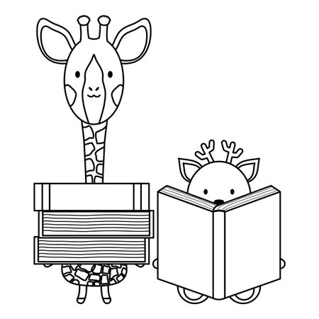 cute giraffe and reindeer with books childish characters vector illustration designのイラスト素材