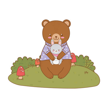 cute bear and rabbit in the field woodland character vector illustration designのイラスト素材