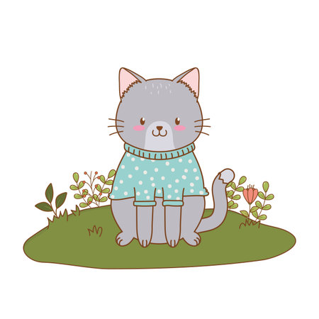 cute cat in the field woodland character vector illustration designのイラスト素材