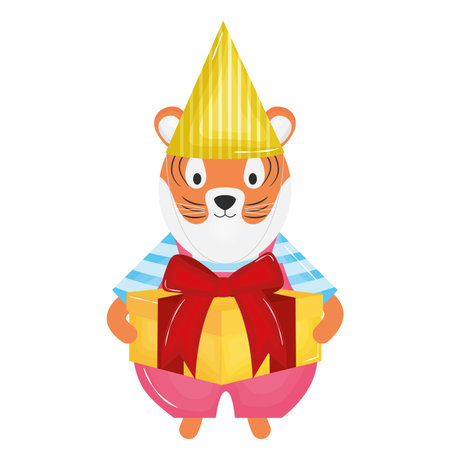 cute tiger with gift box in party celebration vector illustration designのイラスト素材