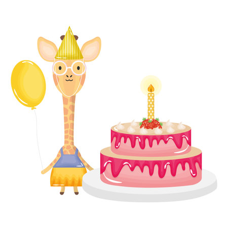 cute giraffe with sweet cake in birthday party vector illustration designのイラスト素材