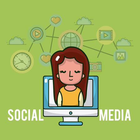 Girl with social media and network symbols cartoons vector illustration graphic designのイラスト素材