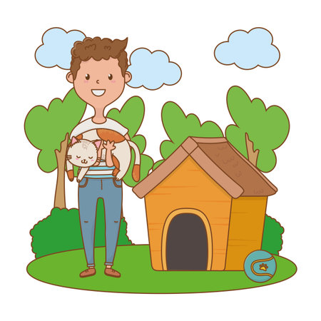 childhood happy child with cat cartoonのイラスト素材