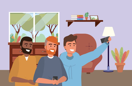 Millennial group smartphone taking selfie indoors backgroundのイラスト素材