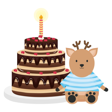cute reindeer with sweet cake in party celebrationのイラスト素材