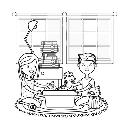 couple washing cats avatar cartoon character black and white vector illustration graphic designのイラスト素材