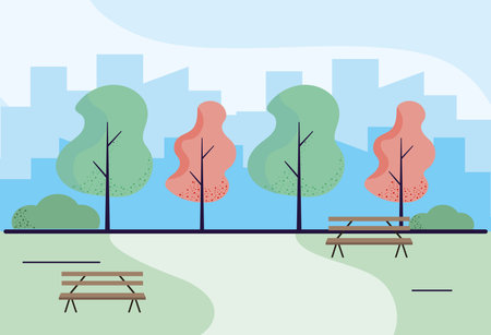 Wooden park benches craft outdoors background park trees vector illustration graphic designのイラスト素材