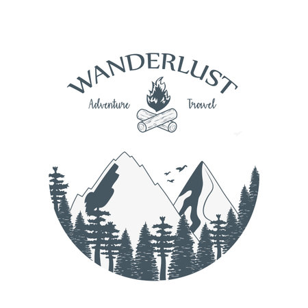 wanderlust label with forest scene and campfire vector illustration designのイラスト素材