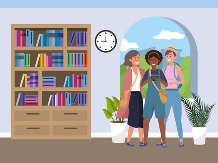 Millennial group on study room backgroundのイラスト素材
