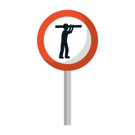 circle caution emblem and laborer with equipment vector illustrationのイラスト素材