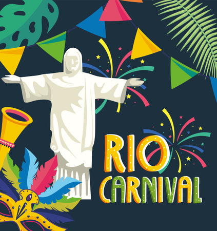 christ redeemer with party banner and fireworksのイラスト素材