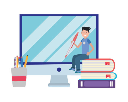 online education man studying with technology device over books cartoon vector illustration graphic designのイラスト素材