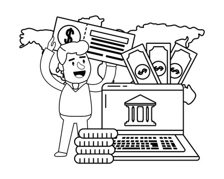Digital banking services online tools laptop black and whiteのイラスト素材