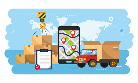 truck tranportation with smartphone gps and boxes packagesのイラスト素材