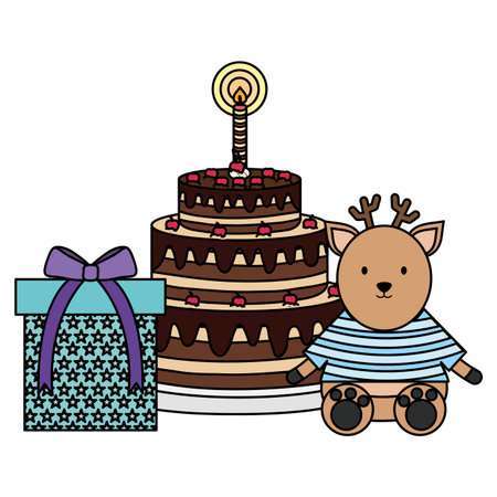 cute reindeer with sweet cake and gift in party celebrationのイラスト素材
