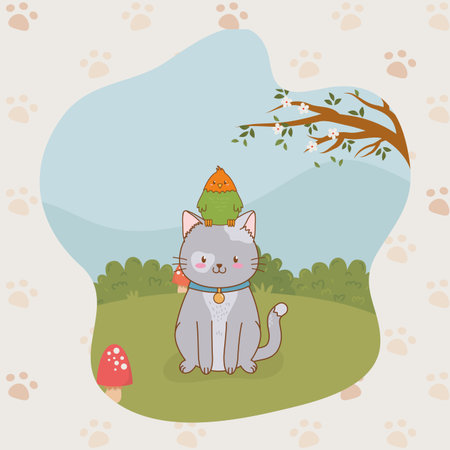 cute little kitty and parrot mascots vector illustration designのイラスト素材