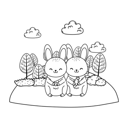 cute rabbits in the field woodland charactersのイラスト素材