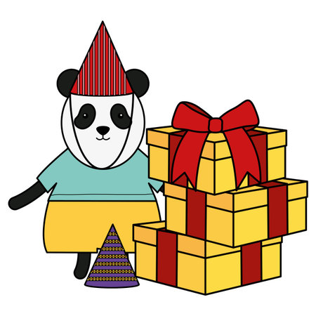 cute bear panda with gifts boxes in birthday partyのイラスト素材