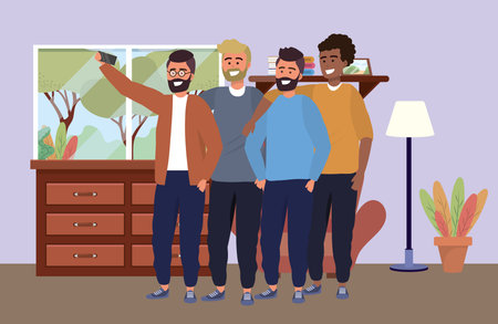 Millennial diverse group taking selfie indoors room background drawer lamp and plant vector illustration graphic designのイラスト素材