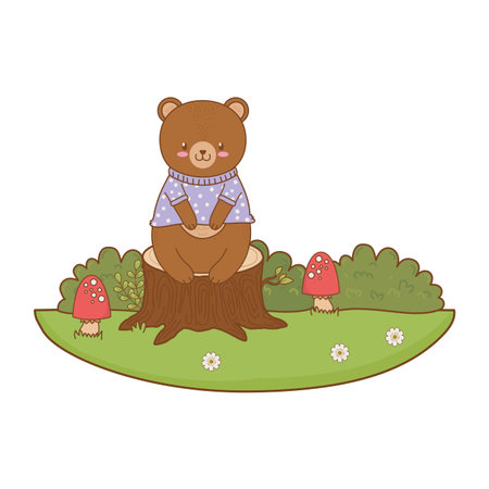 cute bear in the field woodland character vector illustration designのイラスト素材