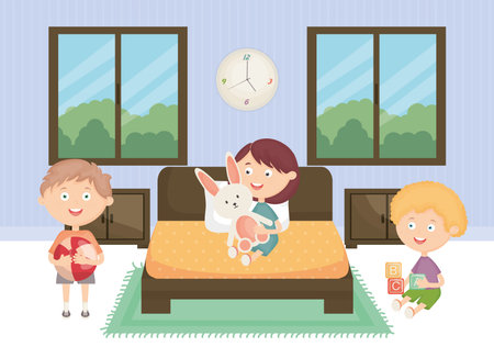 little kids group playing with toys in the roomのイラスト素材