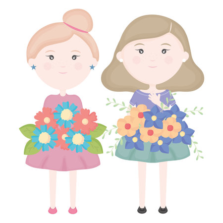 cute little girls couple with flowers bouquetのイラスト素材