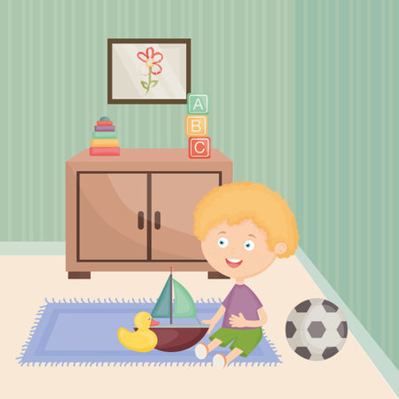 little boy playing with toys in the roomのイラスト素材