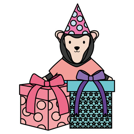 cute monkey with gifts in birthday partyのイラスト素材