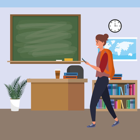 Millennial student brunette woman wearing backpack using smartphone indoors classroom background with blackboard map clock and bookstand vector illustration graphic designのイラスト素材
