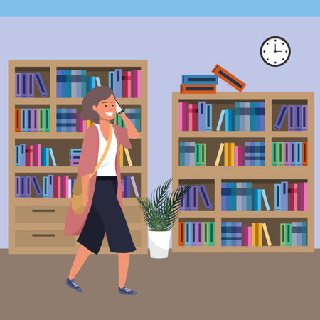 Millennial student grey hair woman wearing kimono using smartphone taking call on library background colorful bookstand vector illustration graphic designのイラスト素材