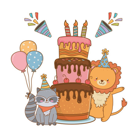 cute little animals at birthday party festive scene cartoon vector illustration graphic designのイラスト素材