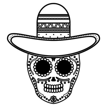 mexican skull death mask with mariachi hatのイラスト素材