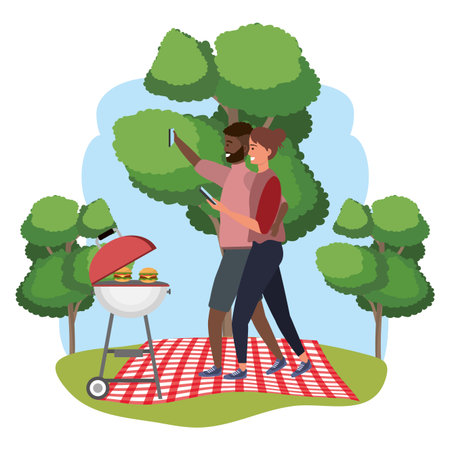 Millennial couple date picnic cloth background nature trees cityscape food cooking bearded frame vector illustration graphic designのイラスト素材
