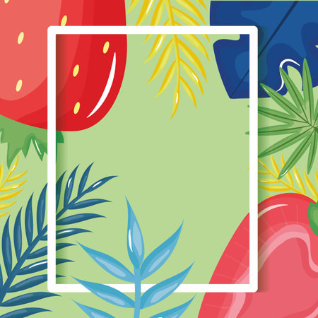 fresh strawberry with leafs palms frameのイラスト素材