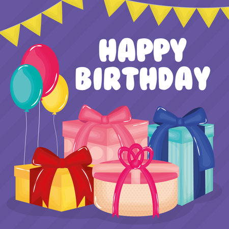 happy birthday card with gifts and balloons heliumのイラスト素材