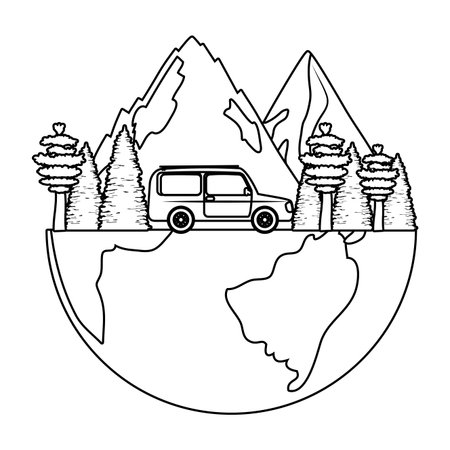 outdoor camping trip travel car scene cartoon vector illustration graphic designのイラスト素材