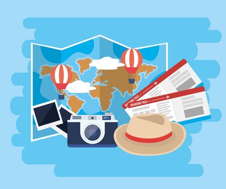 global map with air balloons and tickets with camera vector illustrationのイラスト素材