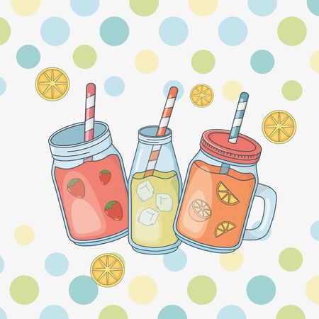 set of glasses containers with fruits juices and strawsのイラスト素材