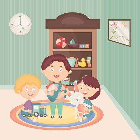 little kids group playing with toys in the roomのイラスト素材
