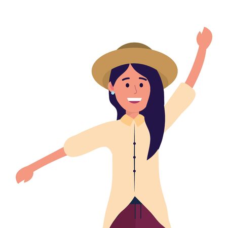young happy woman raised hands cartoon vector illustration graphic designのイラスト素材