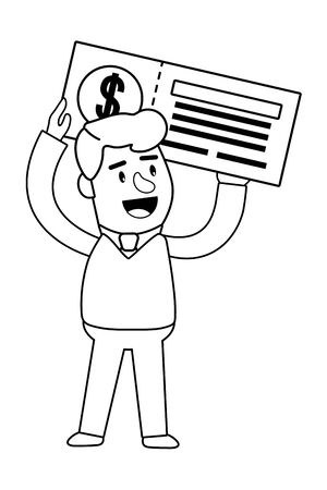 Consumer banking operations happy jovial smiling holding bank check client isolated black and white vector illustration graphic designのイラスト素材