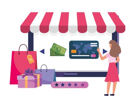 Woman shoppong online design, Store ecommerce media market and internet theme Vector illustrationのイラスト素材