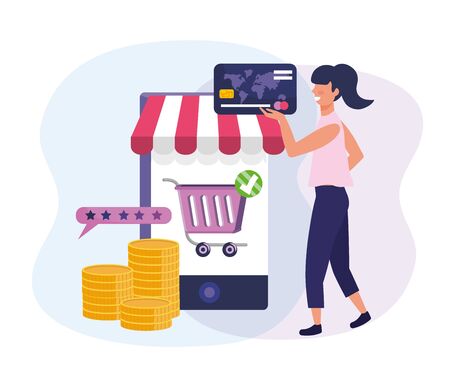 woman with credit card and smartphone ecommerce vector illustrationのイラスト素材