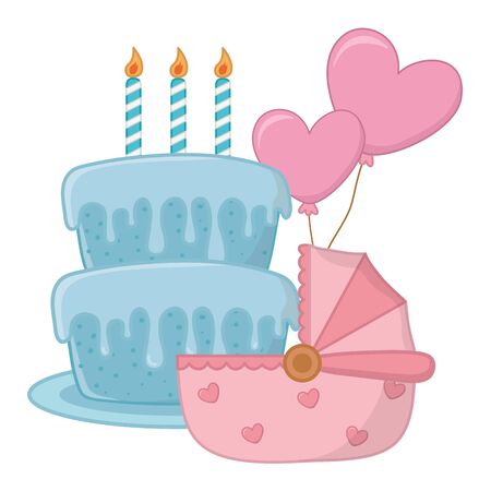 cradle with birthday cake with candles lit and heart shaped balloons vector illustration graphic designのイラスト素材