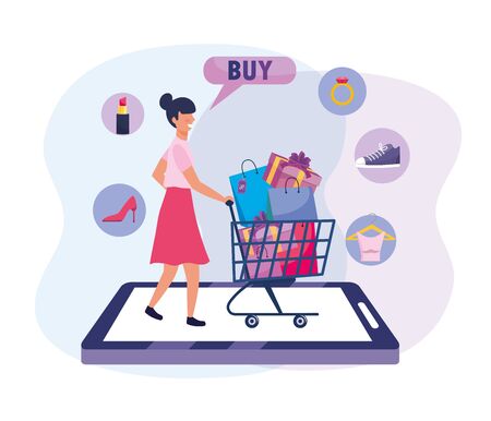 woman with shopping cart and bags to ecommerce technology vector illustrationのイラスト素材
